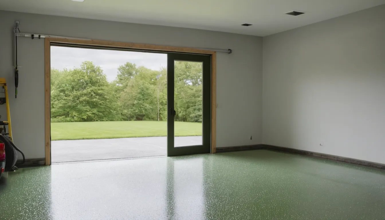 A freshly coated polyaspartic garage floor with gray and tan flakes in a Bothell home
